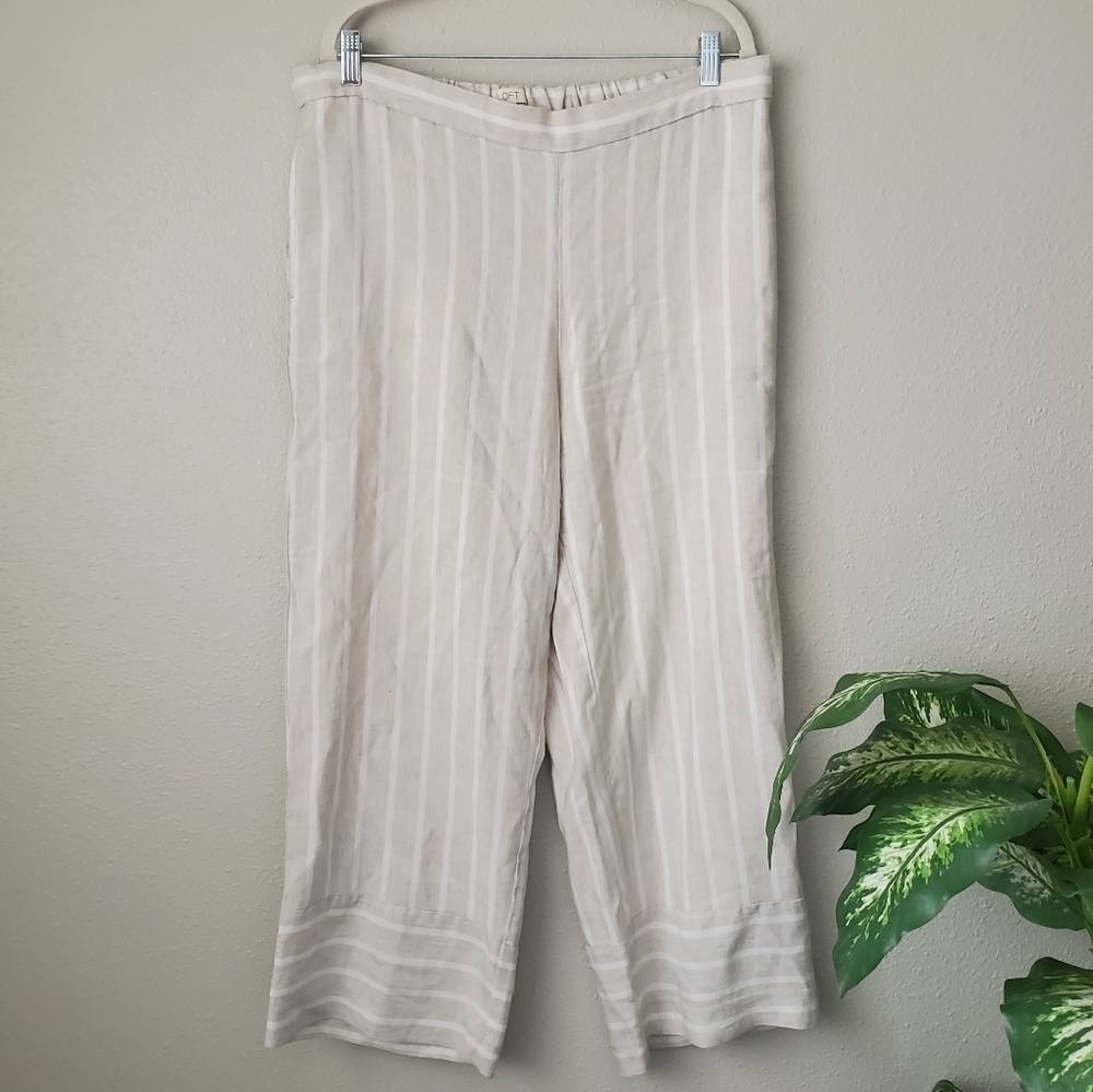 Loft Linen Blend Striped Pull On Wide Leg Pants Beachy Lagenlook Coastal L